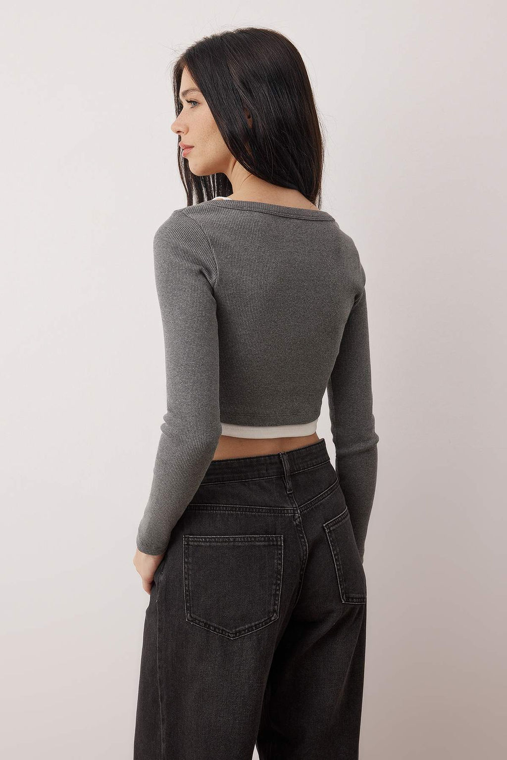 Gri Melanj Cift Katl? Fitted/Vucuda Oturan Crop Orme Bluz TWOAW26BZ00311 - Trendyolmilla фото 4