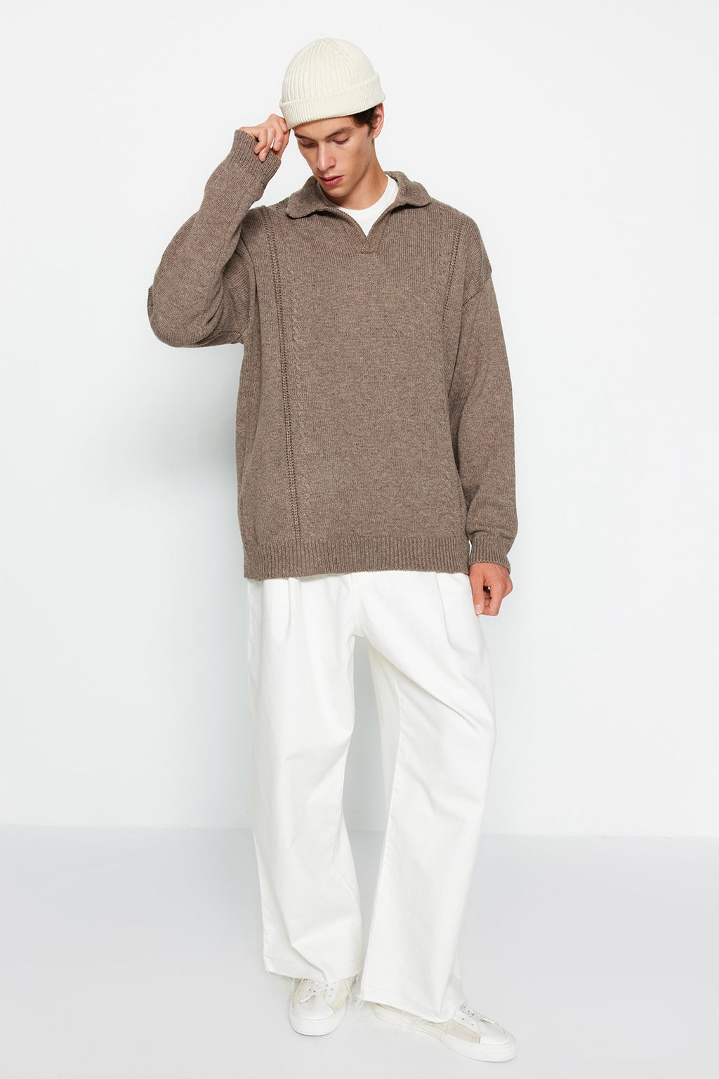 TRENDYOL MAN Vizon Oversize Fit Yunlu Genis Kal?p Polo Yaka Triko Kazak TMNAW24KZ00049 - Trendyolmilla фото 5