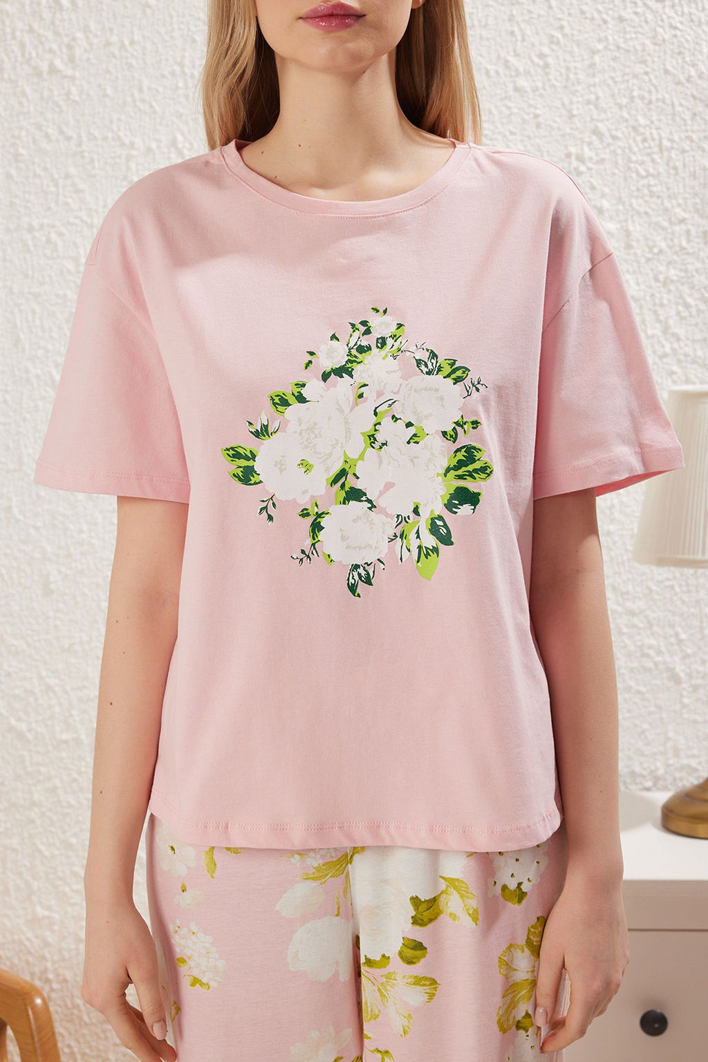 Trendyolmilla Pembe %100 Pamuklu Cicekli Orme Pijama Tak?m? THMSS25PT00061  фото 3