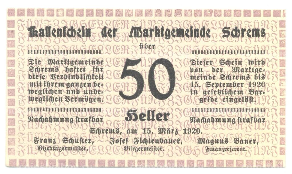 50 геллеров 1920 года Австрия  Нотгельд