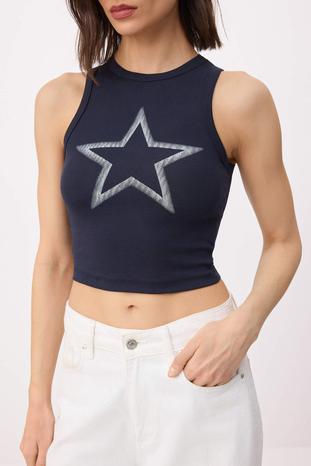 Lacivert Bask?l? Fitted/Vucuda Oturan Halter Yaka Kolsuz Pamuklu Esnek Orme Atlet TWOSS26AL00059 - Trendyolmilla фото 3