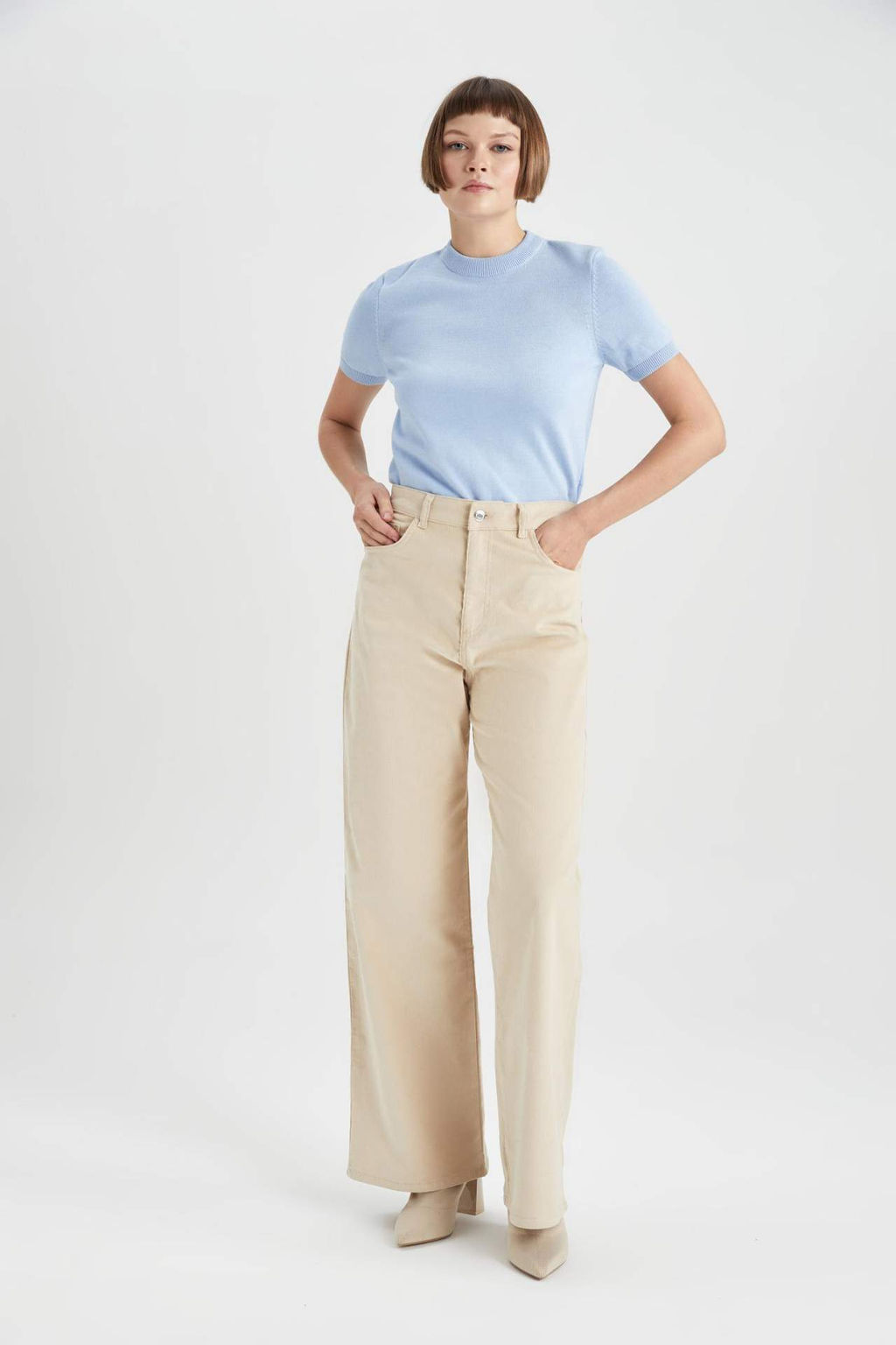 Fitilli Kadife Pantolon Wide Leg Yuksek Bel Genis Bol Paca Basic Duz Cepli - Defacto фото 2