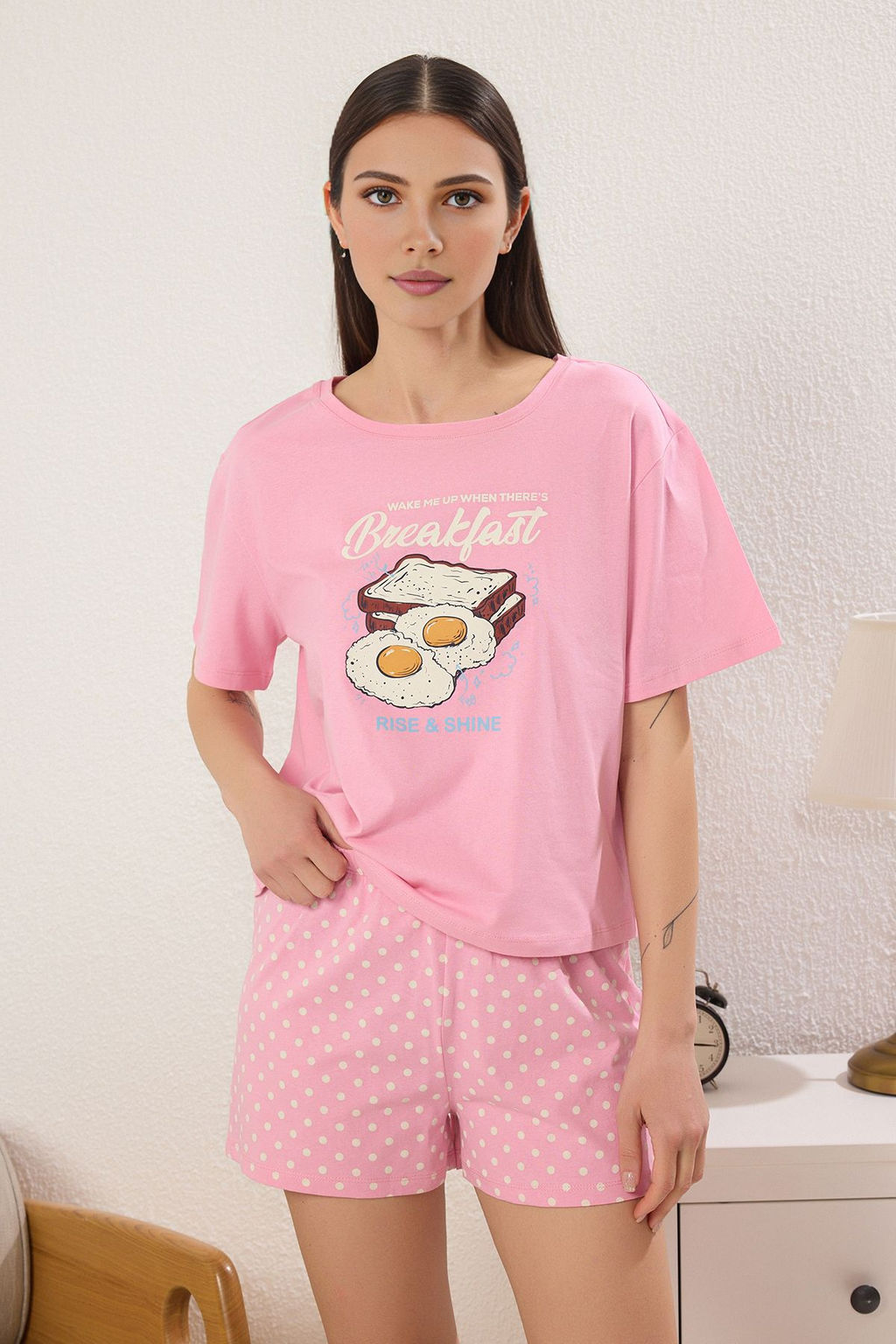 Pembe %100 Pamuklu Eglence Bask?l? Puantiyeli Sortlu Orme Pijama Tak?m? THMSS25PT00361
