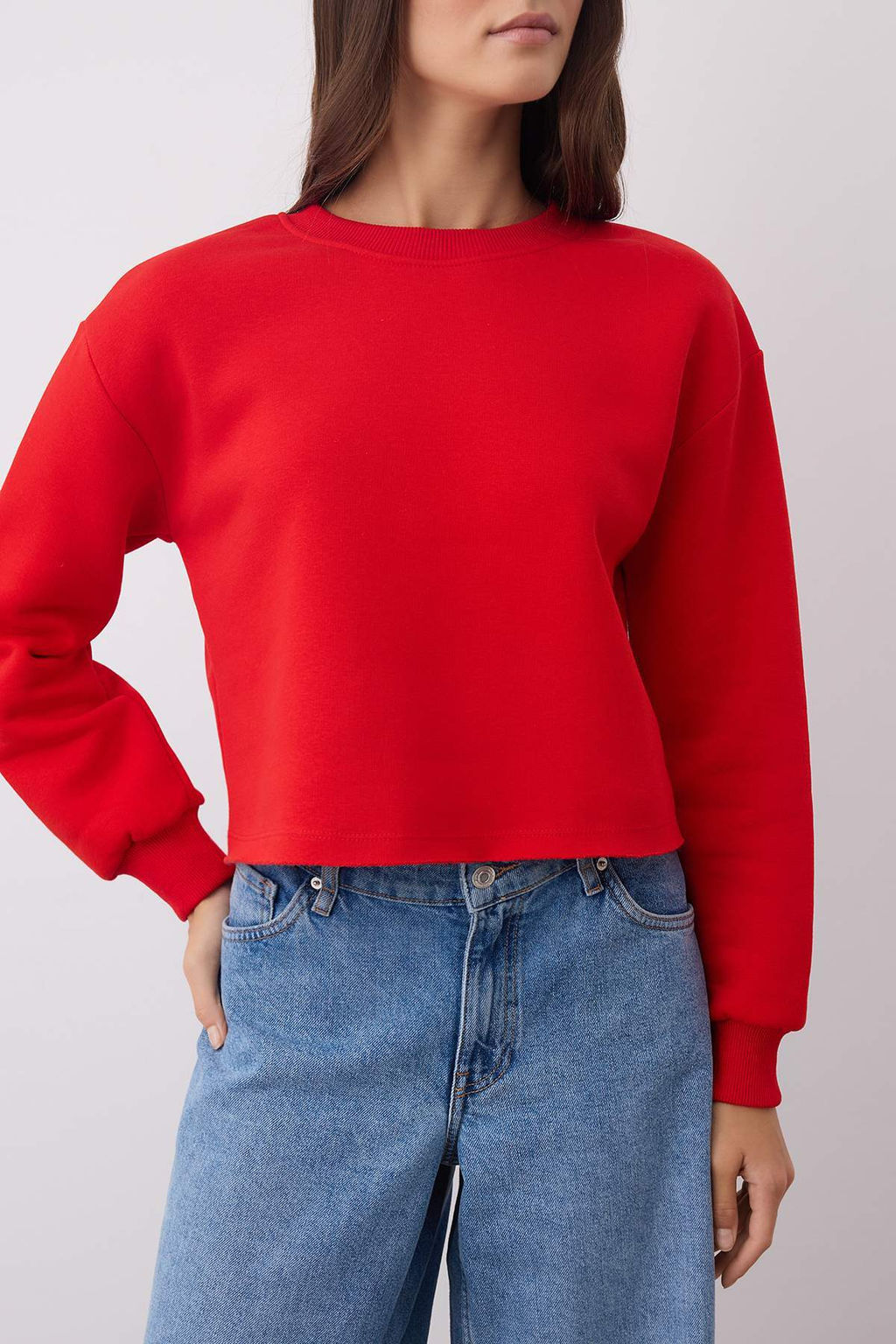 K?rm?z? Kal?n Ici Polarl? Bisiklet Yaka Crop Orme Sweatshirt TWOAW26SW00093
