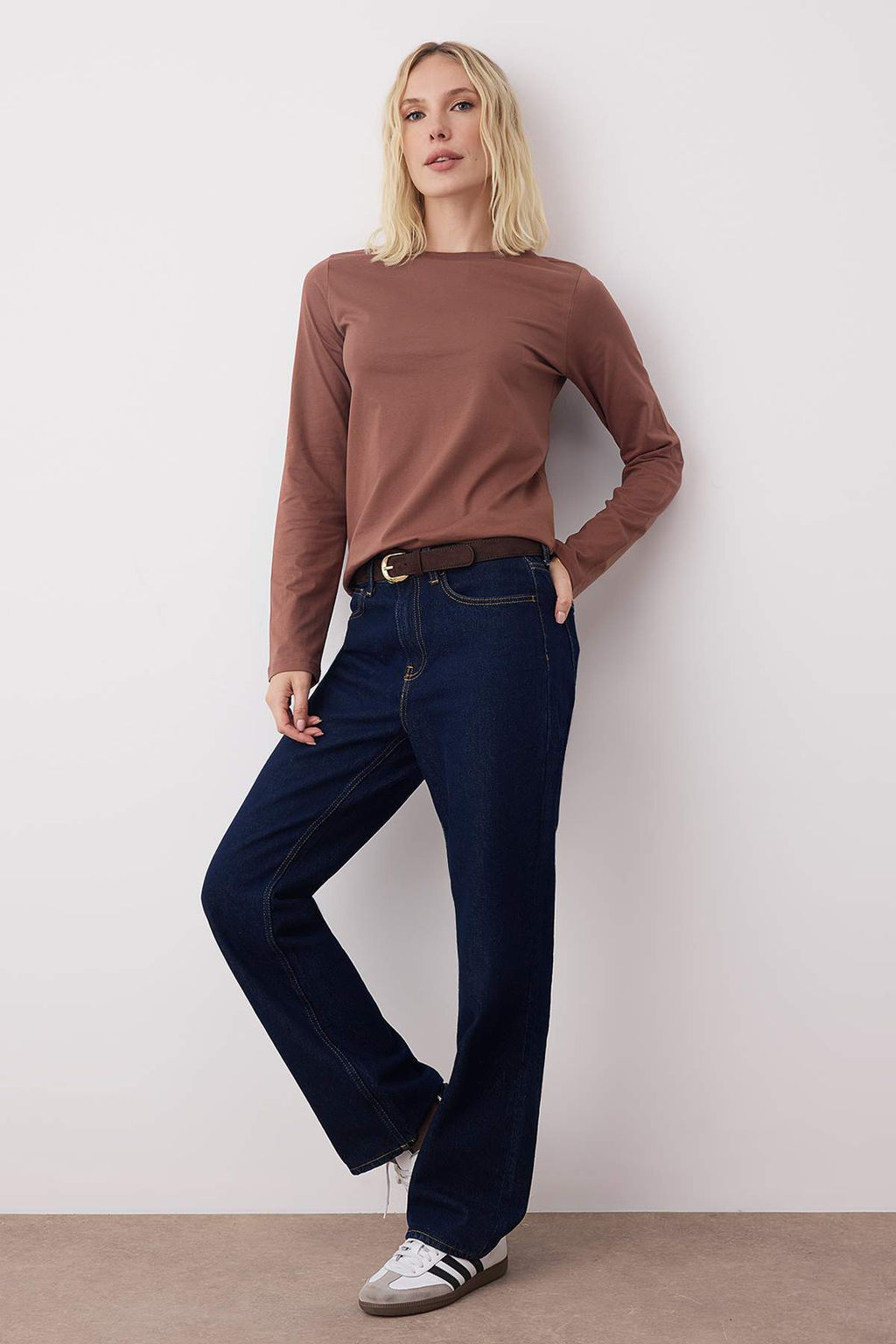 TRENDYOLMILLA Beyaz %100 Pamuk Uzun Kollu Bisiklet Yaka Regular/Normal Kal?p Basic Orme T-Shirt TWOAW21TS0098