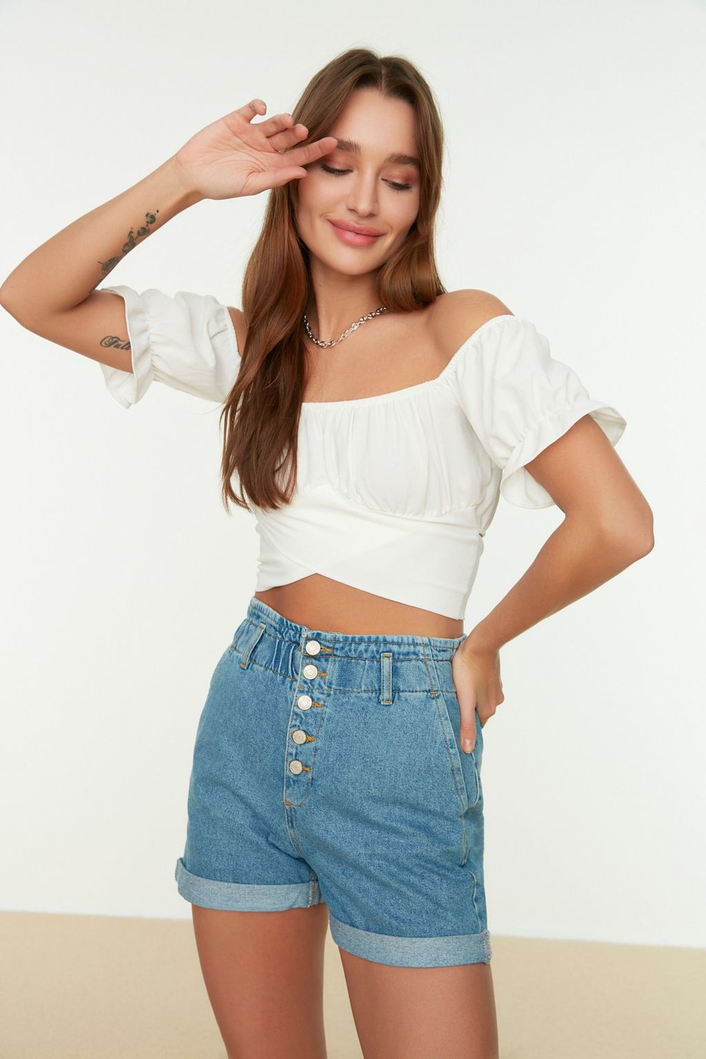 Trendyolmilla Siyah Baglama Detayl? Carmen Yaka Dokuma Bluz TWOSS21BZ0797  фото 10