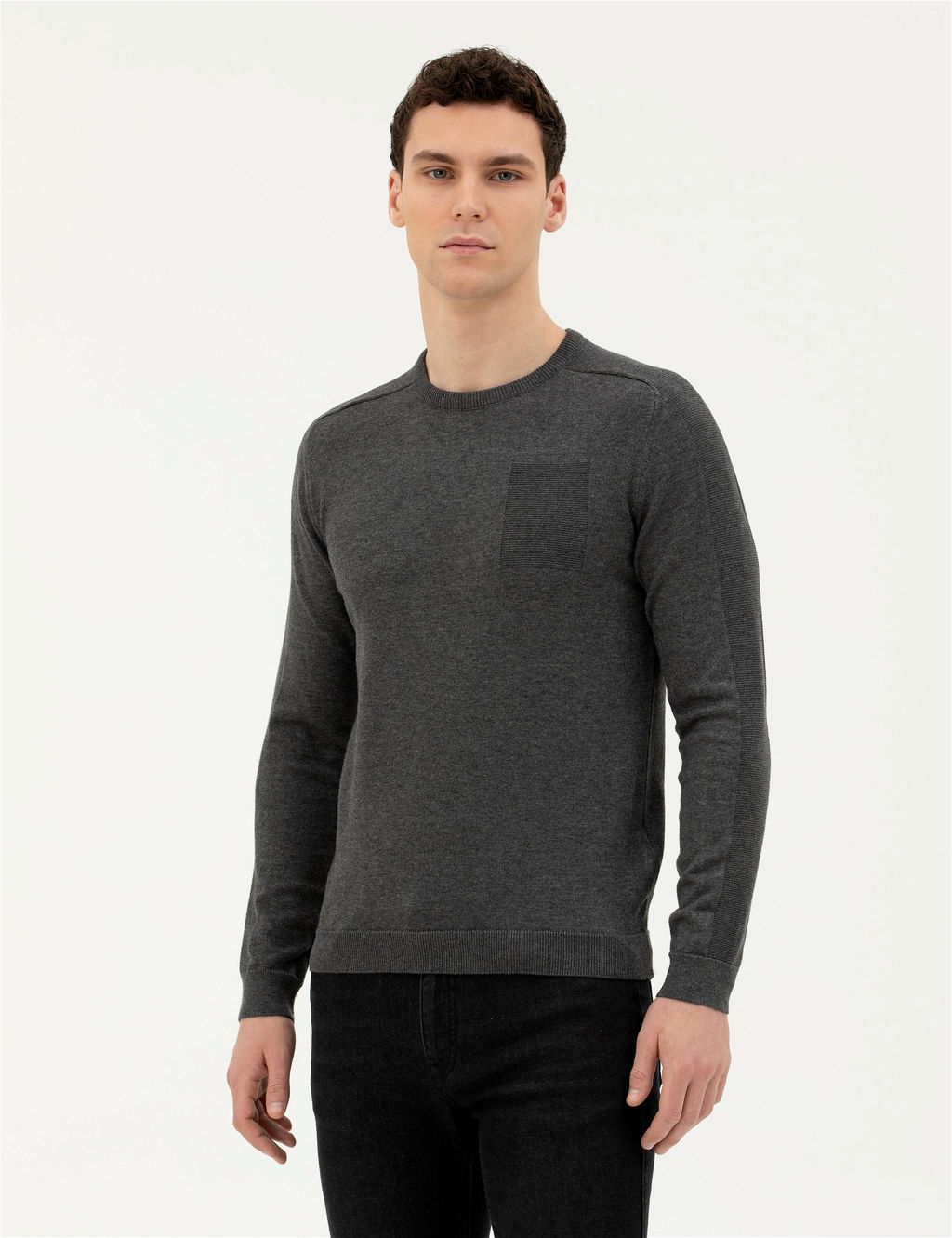 Koyu Gri Slim Fit Bisiklet Yaka Triko Kazak