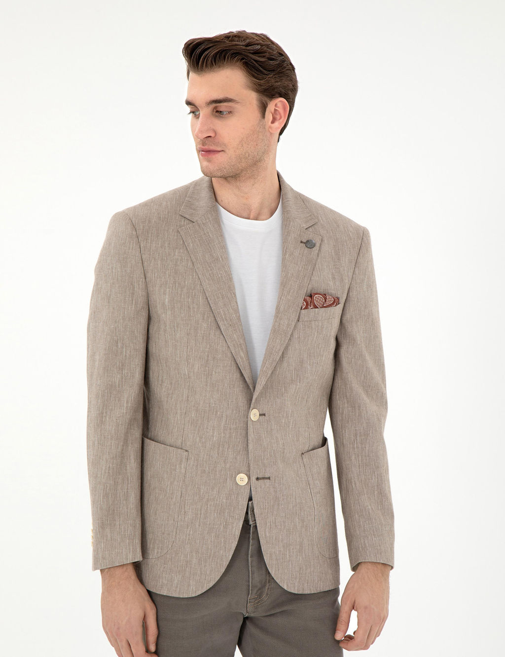 A__k Kahverengi Ex. Slim Fit Keten Kar___ml_ Ceket