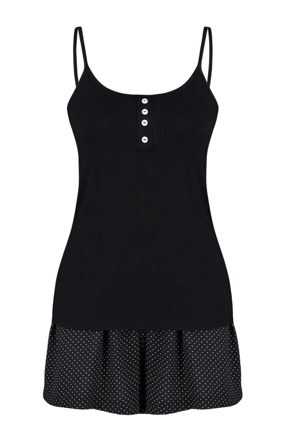 Trendyolmilla Siyah %100 Pamuklu Puantiyeli Dugme Detayl? Ip Ask?l? Sortlu Orme Pijama Tak?m? THMSS24PT00335 фото 7