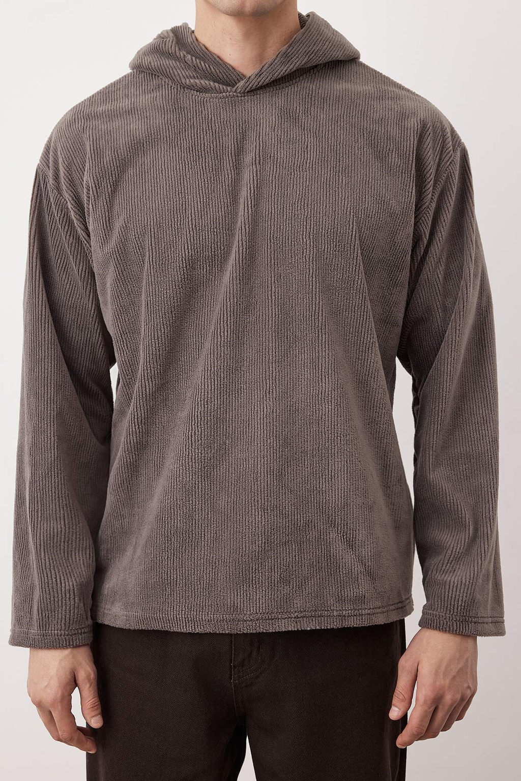 Antrasit Yeni Oversize/Genis Kesim Yumusak Fitilli Kadife Sweatshirt TMNAW26SW00001