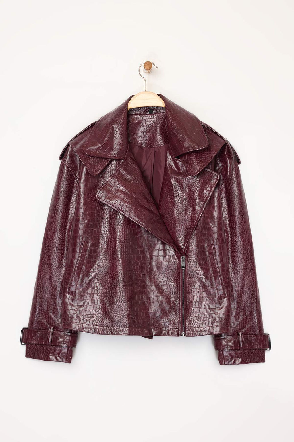Bordo Regular Kal?p Suni Deri Biker Ince Ceket Mont TWOAW26MO00003 - Trendyolmilla фото 5