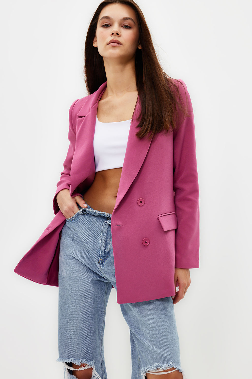 Pembe Regular Astarl? Kruvaze Kapama Dokuma Blazer Ceket TWOAW21CE0264