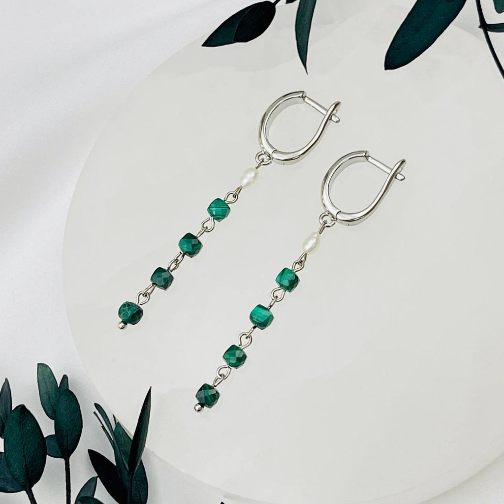 Серьги длинные из Малахита и Жемчуга - Радуга самоцветов фото 2