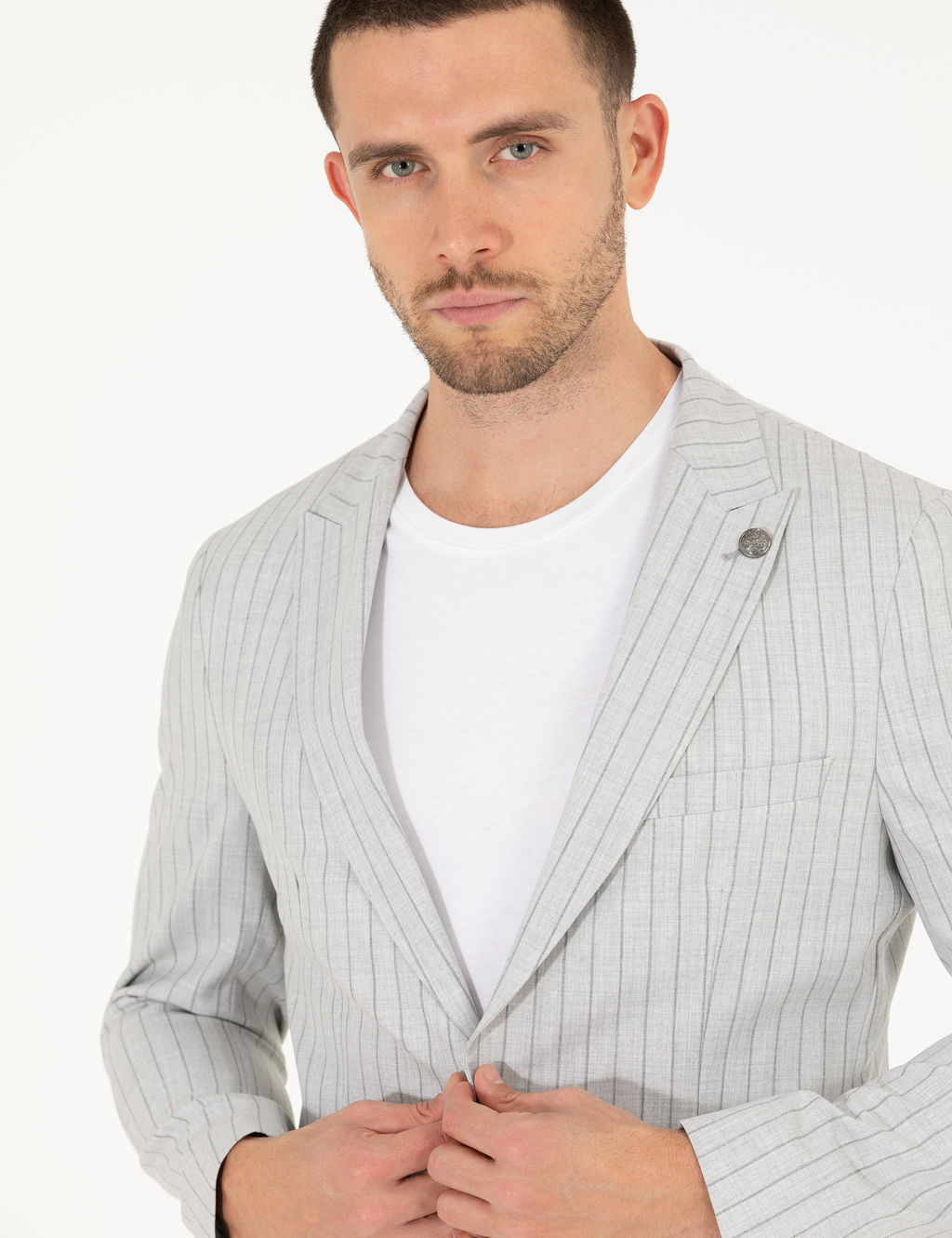 Gri Ex. Slim Fit _izgili Spor Tak_m Elbise