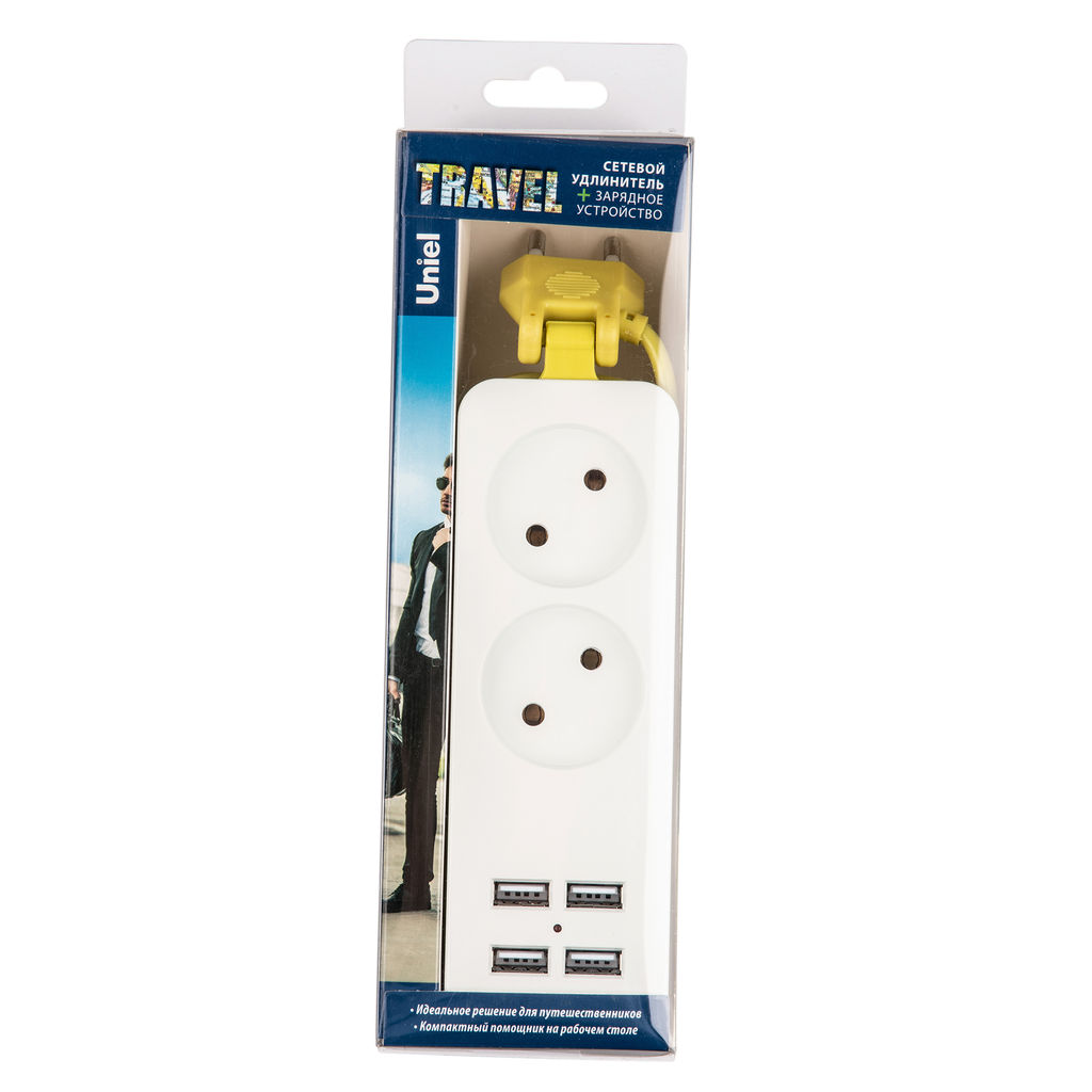 S-CT2-1,5U WHITE/GREEN Удлинитель серии Travel, шнур 1,5м., 2 гнездa, 10A, б/з, 4USB(2,1A). Белый с салатовым. ТМ Uniel