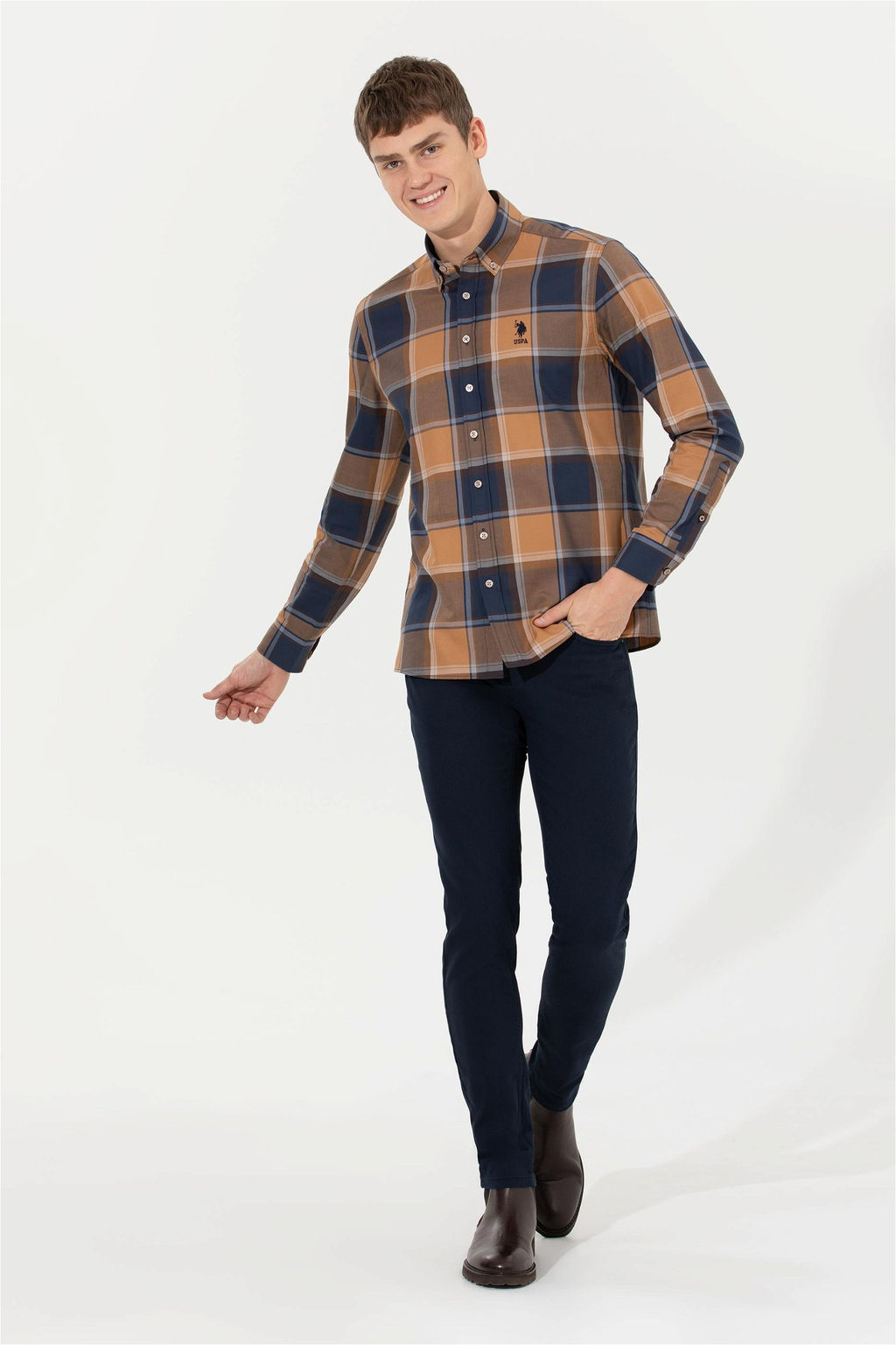 U. S. Polo Assn Мужская рубашка светло-коричневого цвета в клетку - U.s. polo assn фото 9