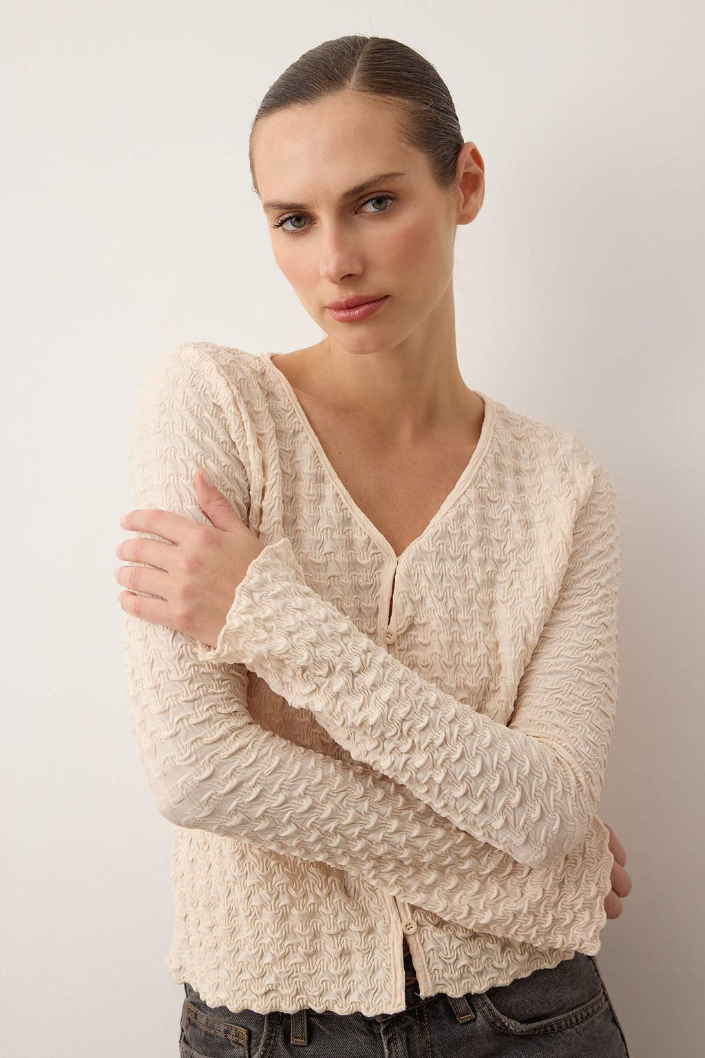 Indigo Regular/Normal Kal?p Dokulu Uzun Kollu Esnek Orme Bluz TWOAW26BZ00334 - Trendyolmilla фото 6