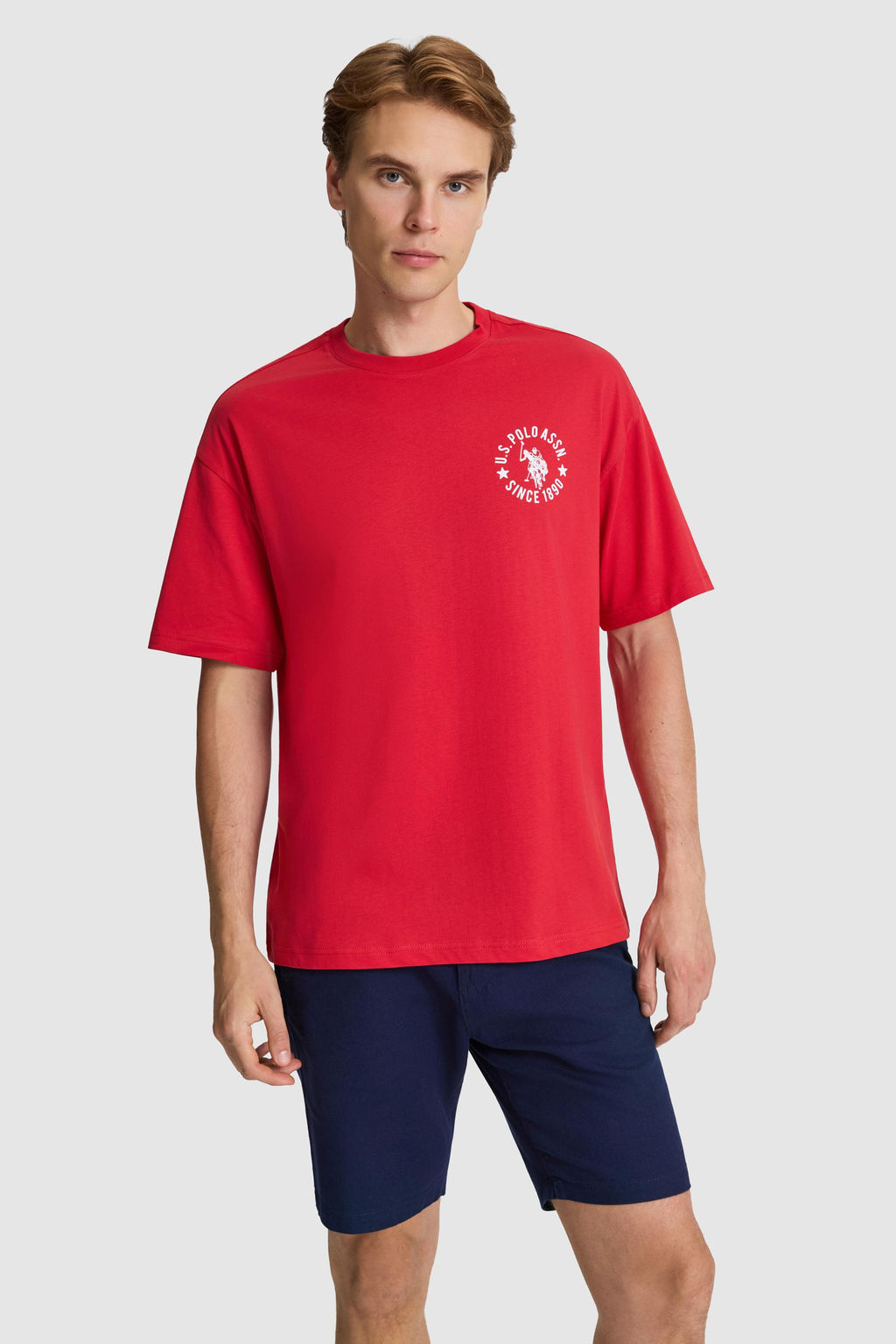 Erkek K_rm_z_ Oversize Fit Bisiklet Yaka Ti__rt