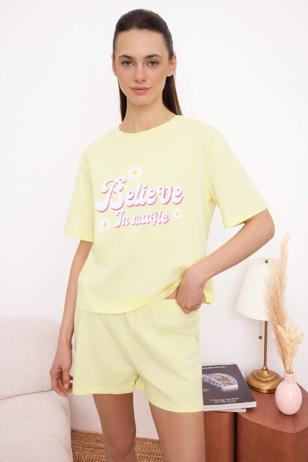 Sar_ %100 Pamuklu Sloganl_ _ortlu _rme Pijama Tak_m_ THMSS25PT00244