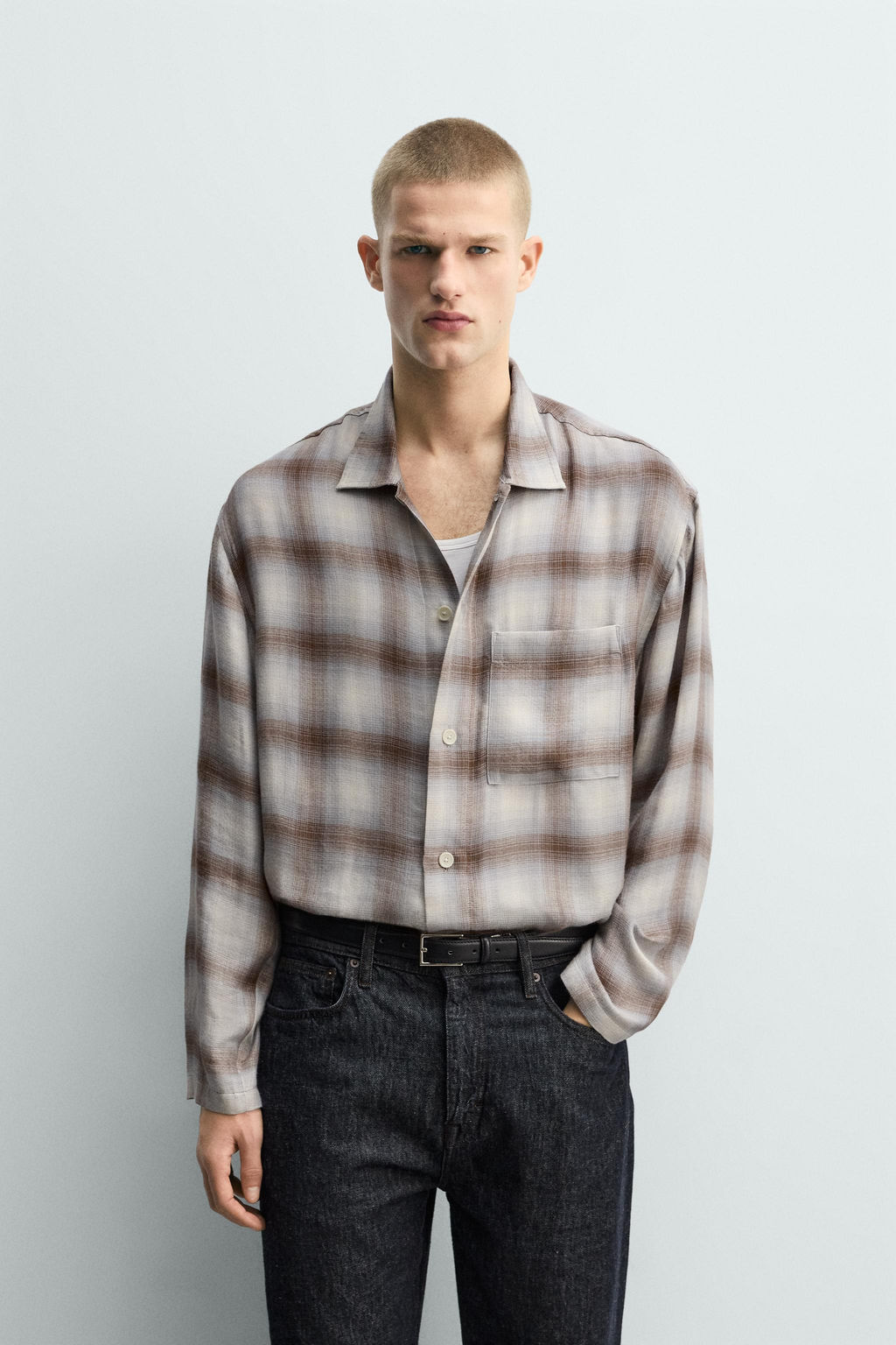 Рубашка CAMISA CUADROS BOLSILLO серый молочный