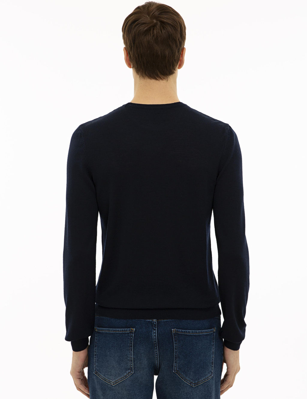 Базовый трикотажный свитер приталенного кроя темно-синего цвета с круглым вырезом - Cacharel фото 4