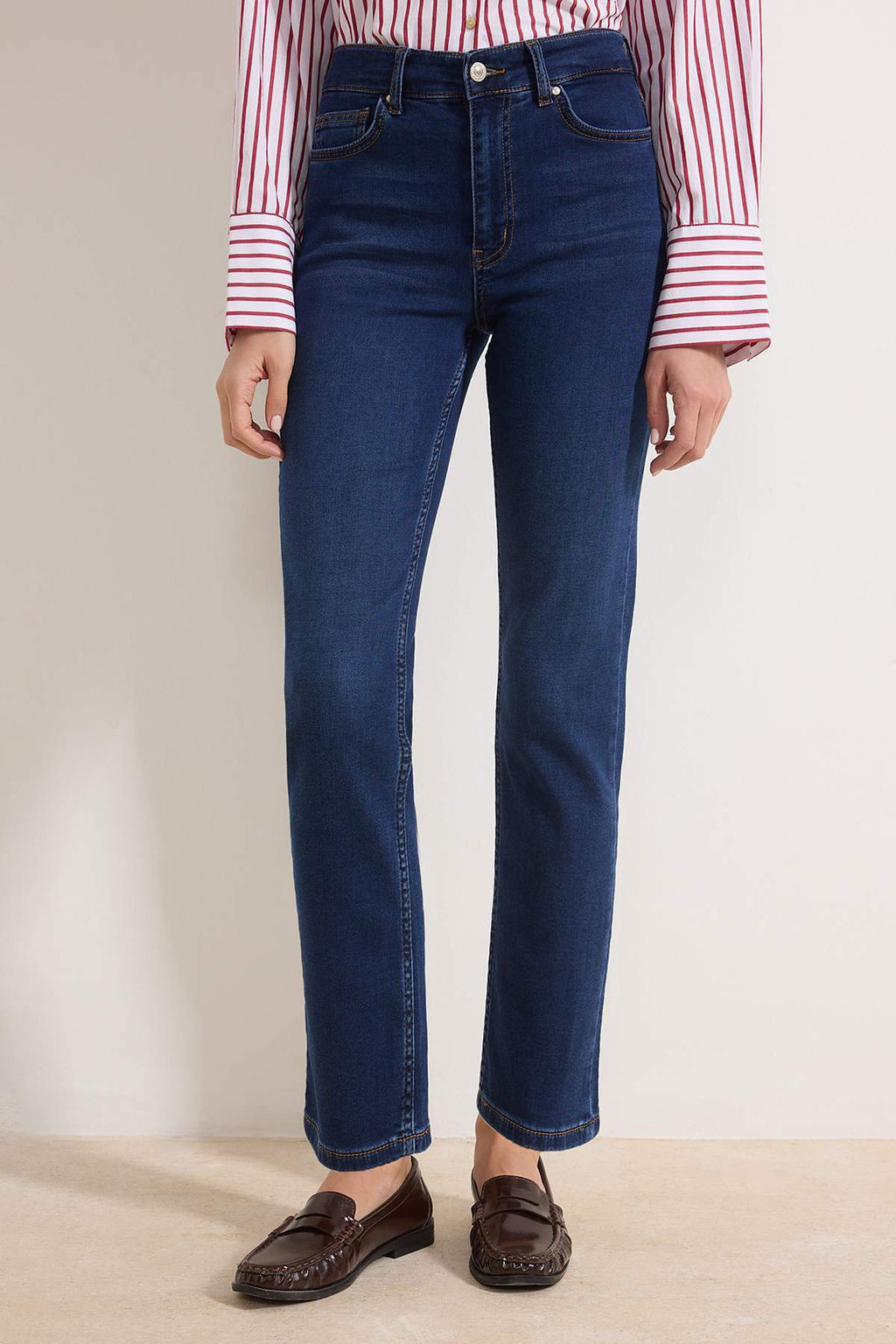 Koyu Mavi Yuksek Bel Straight Yumusak Ekstra Esneyen Orme Kot/Jeans TWOSS26JE00104