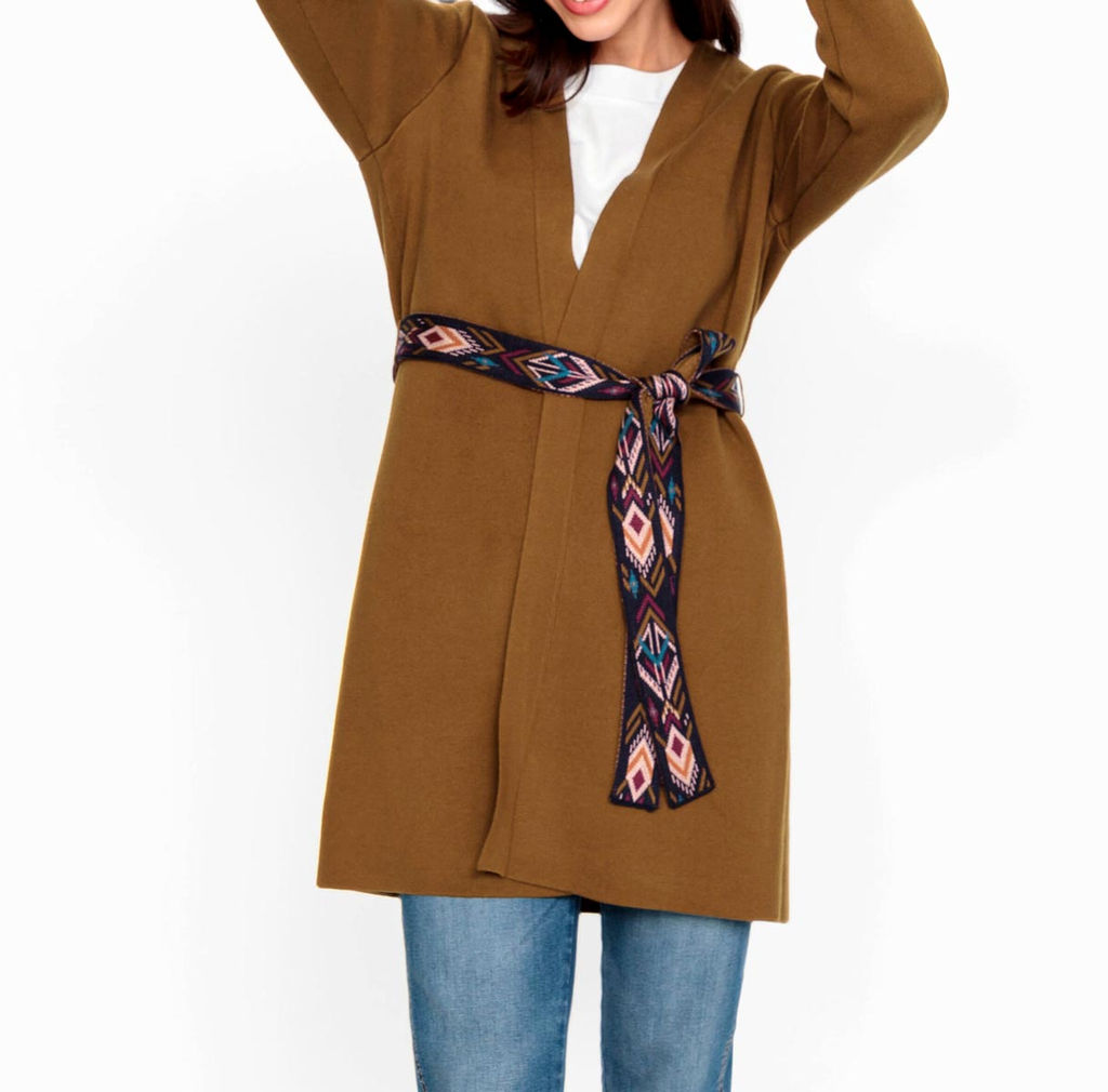 Длинный кардиган с поясом в этническом дизайне, коньячный - Heine фото 5