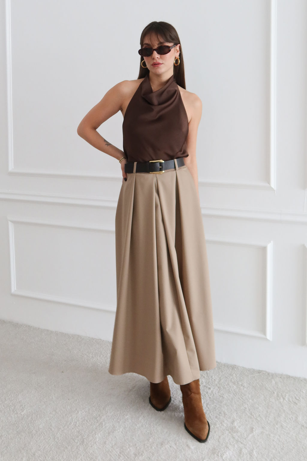 Bej Kemerli A-line Klos Dokuma Maxi Uzun Etek TWOAW26ET00168