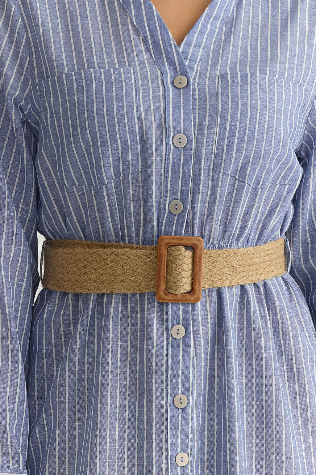 Mavi Kemerli Cizgili Midi Dokuma Gomlek Elbise TWOSS25EL00063