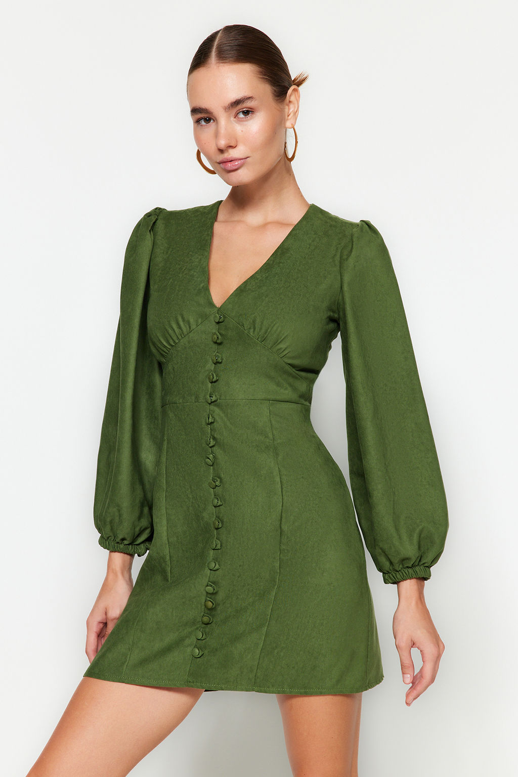 TRENDYOLMILLA Kahverengi Duz Mini Mini Balon Kollu V Yaka Suet Dokuma Elbise TWOAW24EL00583 фото 3