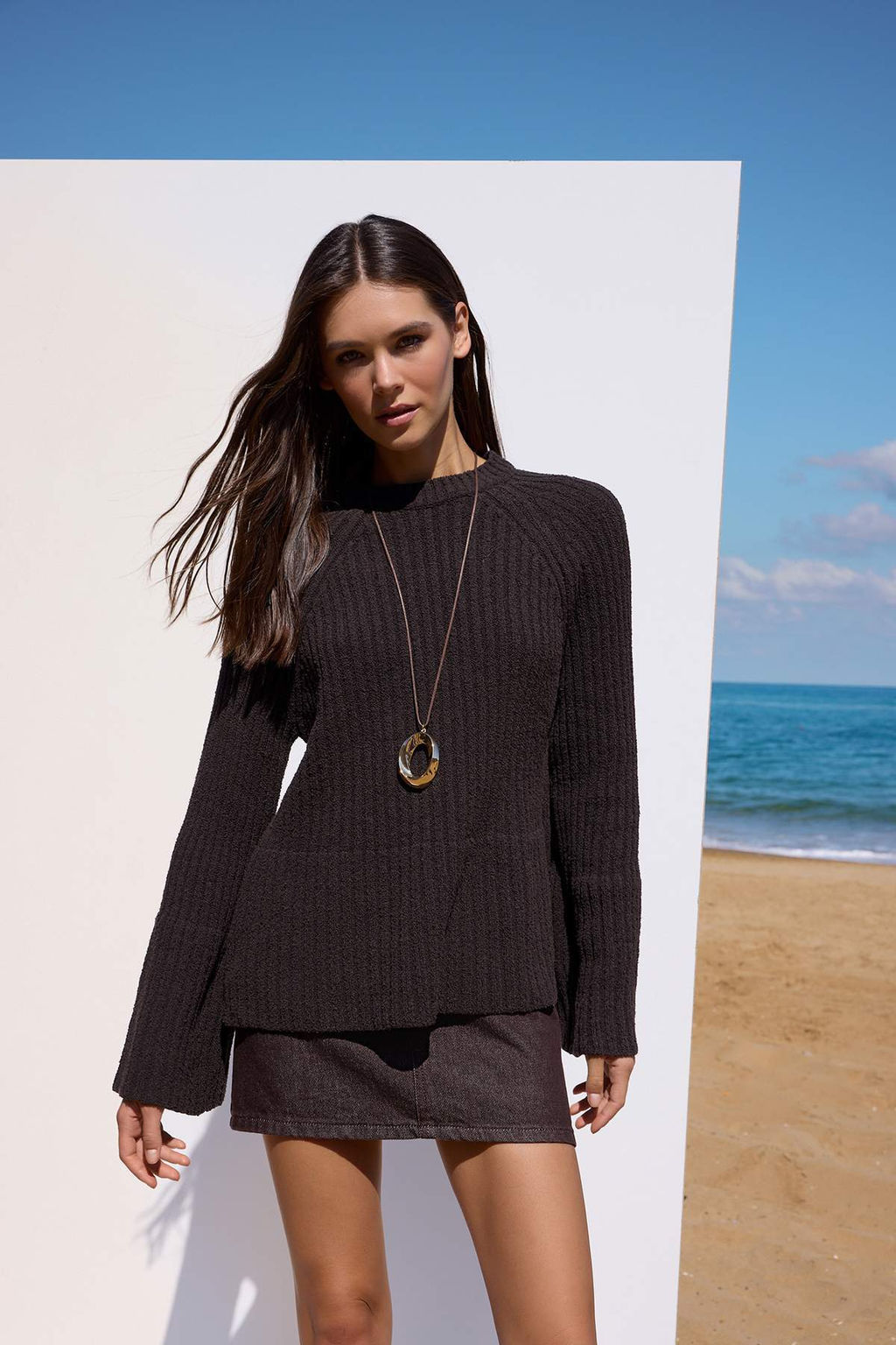 More Sustainable Kahverengi Genis Kal?p Peplum Detayl? Pamuklu Triko Kazak TWOAW25KZ00305