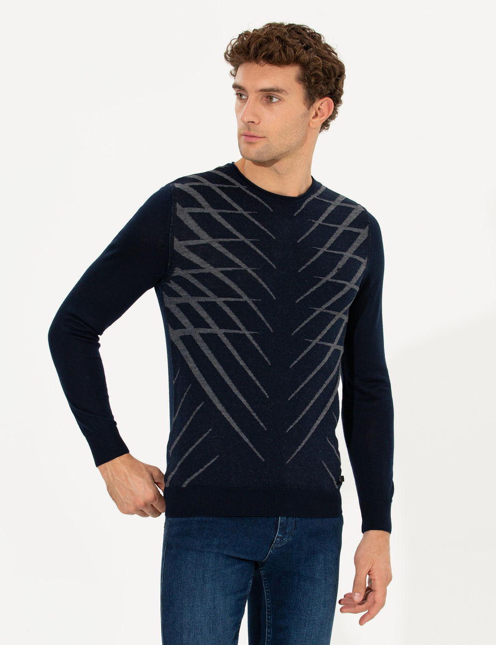 Темно-синий облегающий трикотажный свитер с круглым вырезом - Cacharel фото 12