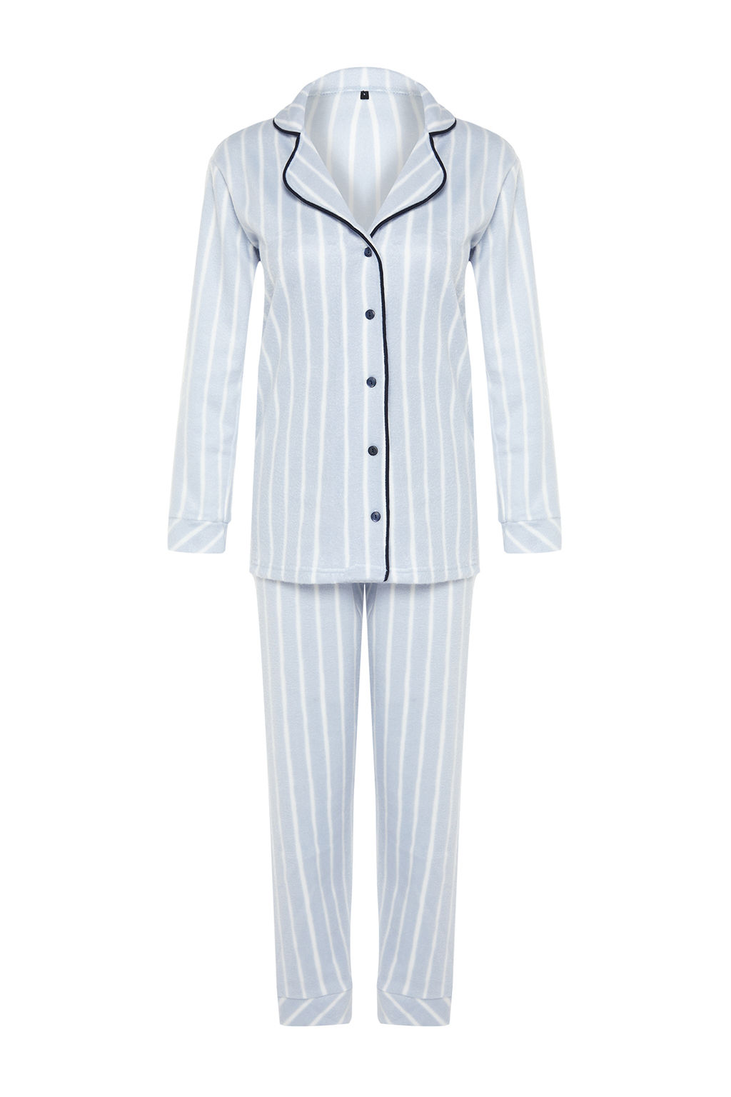 Mavi Cizgili Biye Detayl? Uyku Bantl? Polar K?sl?k Orme Pijama Tak?m? THMAW22PT0360