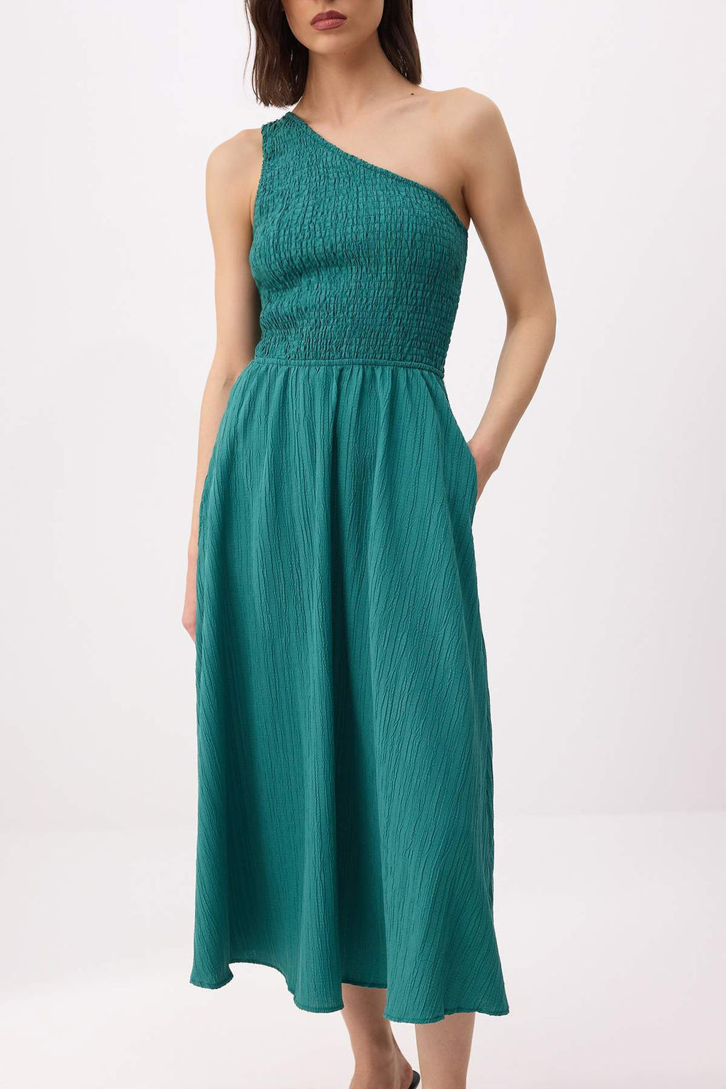 Petrol Duz Etegi Belden Ac?lan Gipeli Midi Dokuma Elbise TWOSS23EL01830