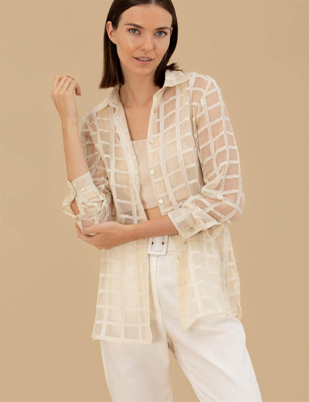 Krem Comfort Fit Uzun Kollu G_mlek