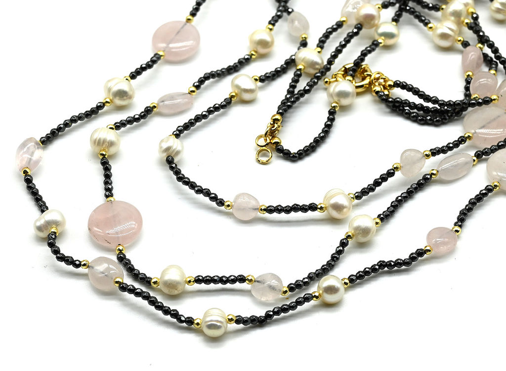 Колье с жемчугом и розовым кварцем 3 нити, 53см