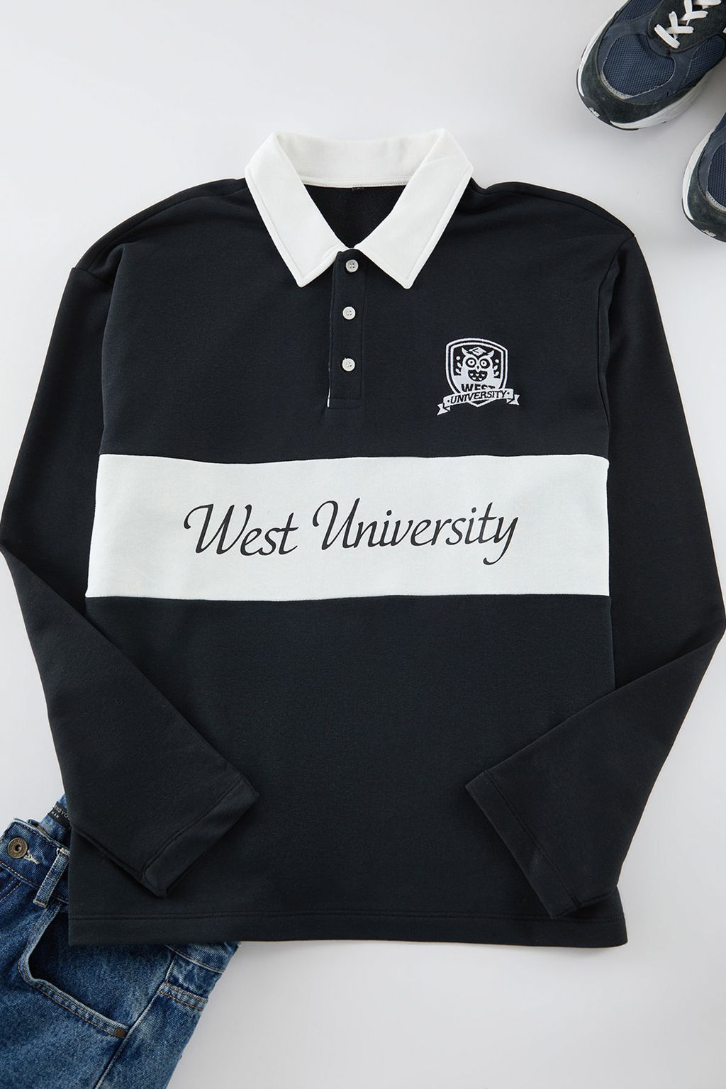 TRENDYOL MAN Siyah Premium Oversize/Genis Kesim Nak?s ve Bask? Detayl? Polo Yaka Sweatshirt TMNAW25SW00039 - Trendyolmilla фото 6