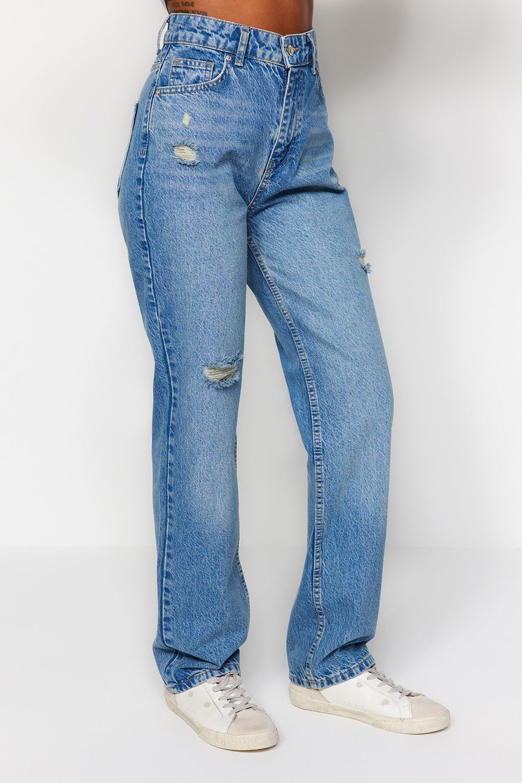 TRENDYOLMILLA Mavi Y?rt?kl? Yuksek Bel Uzun Straight Jeans TWOAW24JE00033