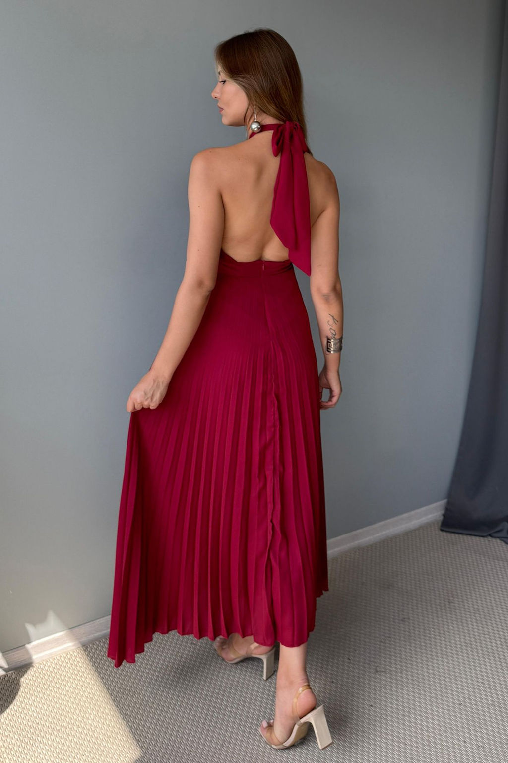 Bordo Piliseli Cut Out Aksesuar Detayl? Sifon Midi Astarl? Elbise TPRSS25EL00327