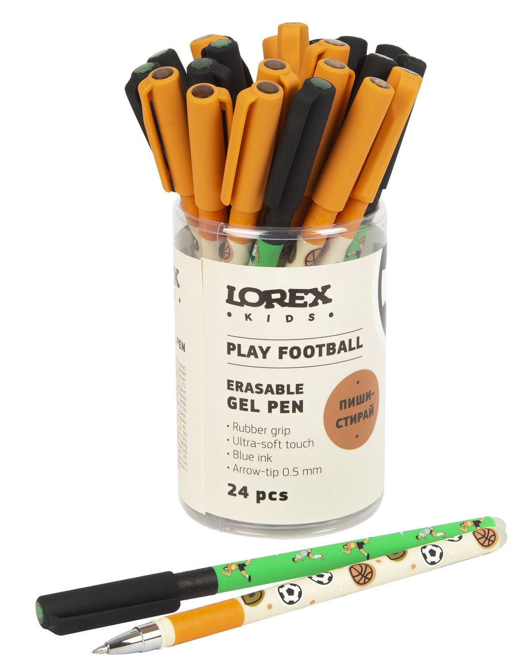 Ручка гелевая стираемая LOREX KIDS PLAY FOOTBALL Slim Soft Grip 0,5 мм синяя, покрытие ult...