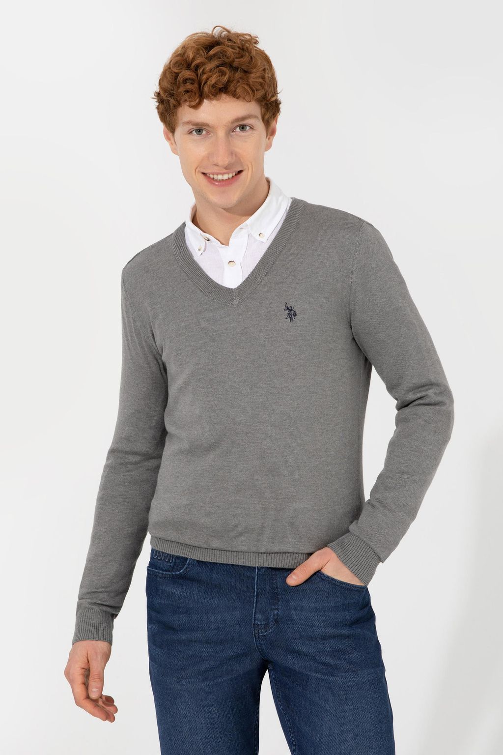U. S. Polo Assn Мужской серый меланжевый базовый трикотажный свитер с v-образным вырезом - U.s. polo assn фото 3