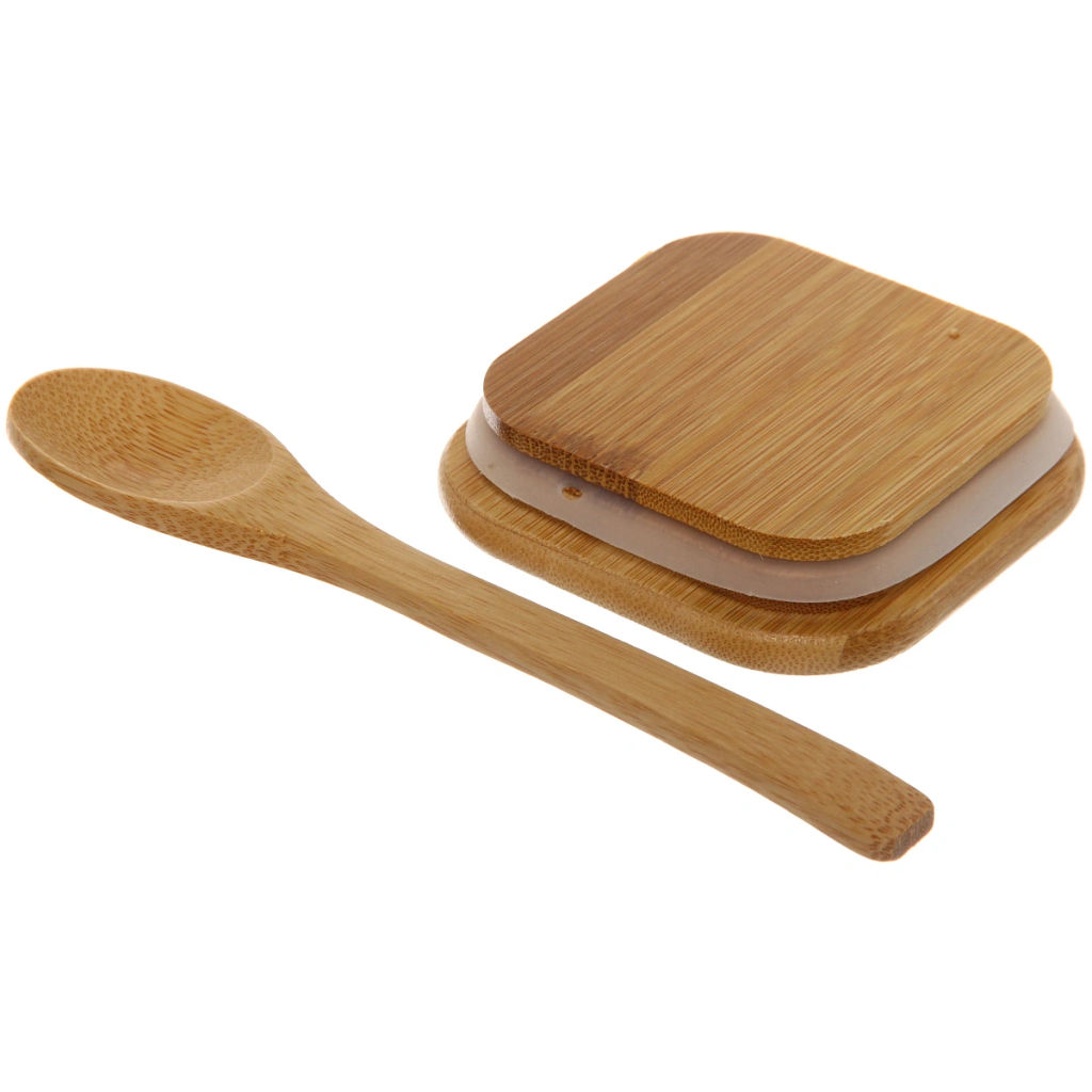 Банка для продуктов стеклянная 700мл "Хай-Тек" с бамбуковой крышкой и ложкой, квадратная 8*15см