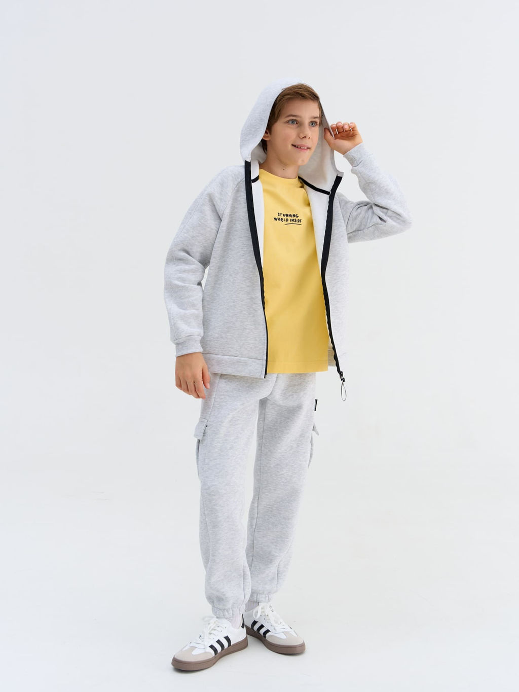 Джоггеры карго Серый меланж утепленные 7+ - Bungly фото 7