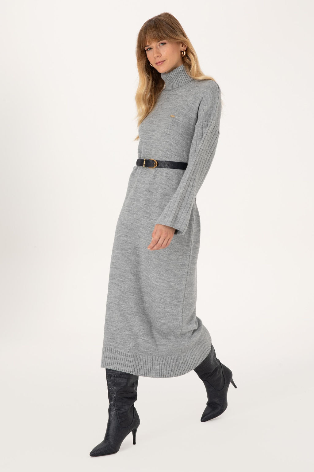 Kad_n Gri Melanj Triko Elbise