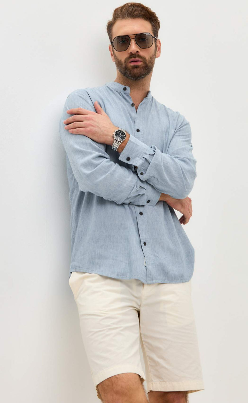 Рубашка д/р лен F511-0480 l.blue