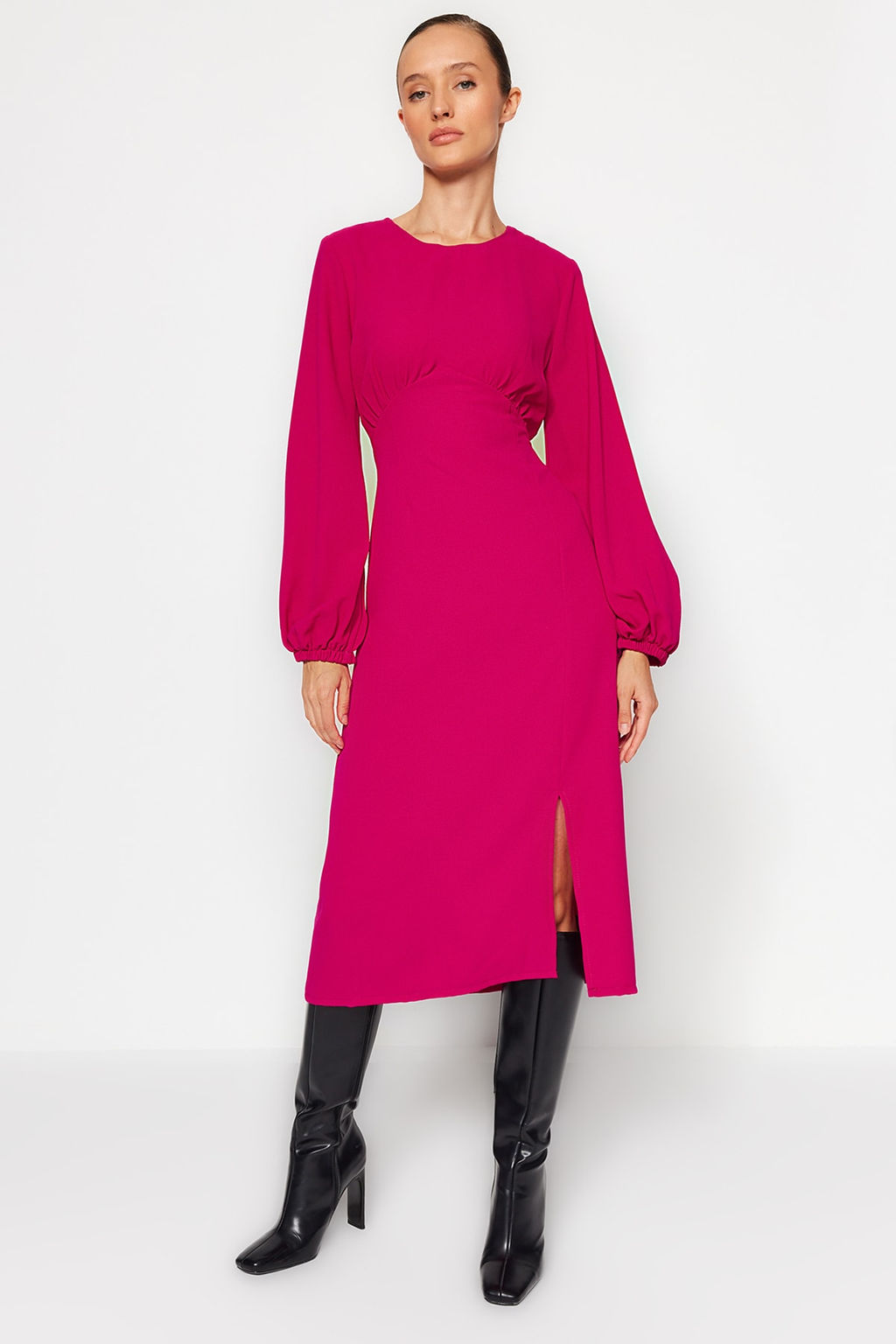 Fusya Belden Ac?lan Midi Volumlu Kol Detayl? Dokuma Elbise TWOAW24EL00423 - Trendyolmilla фото 2