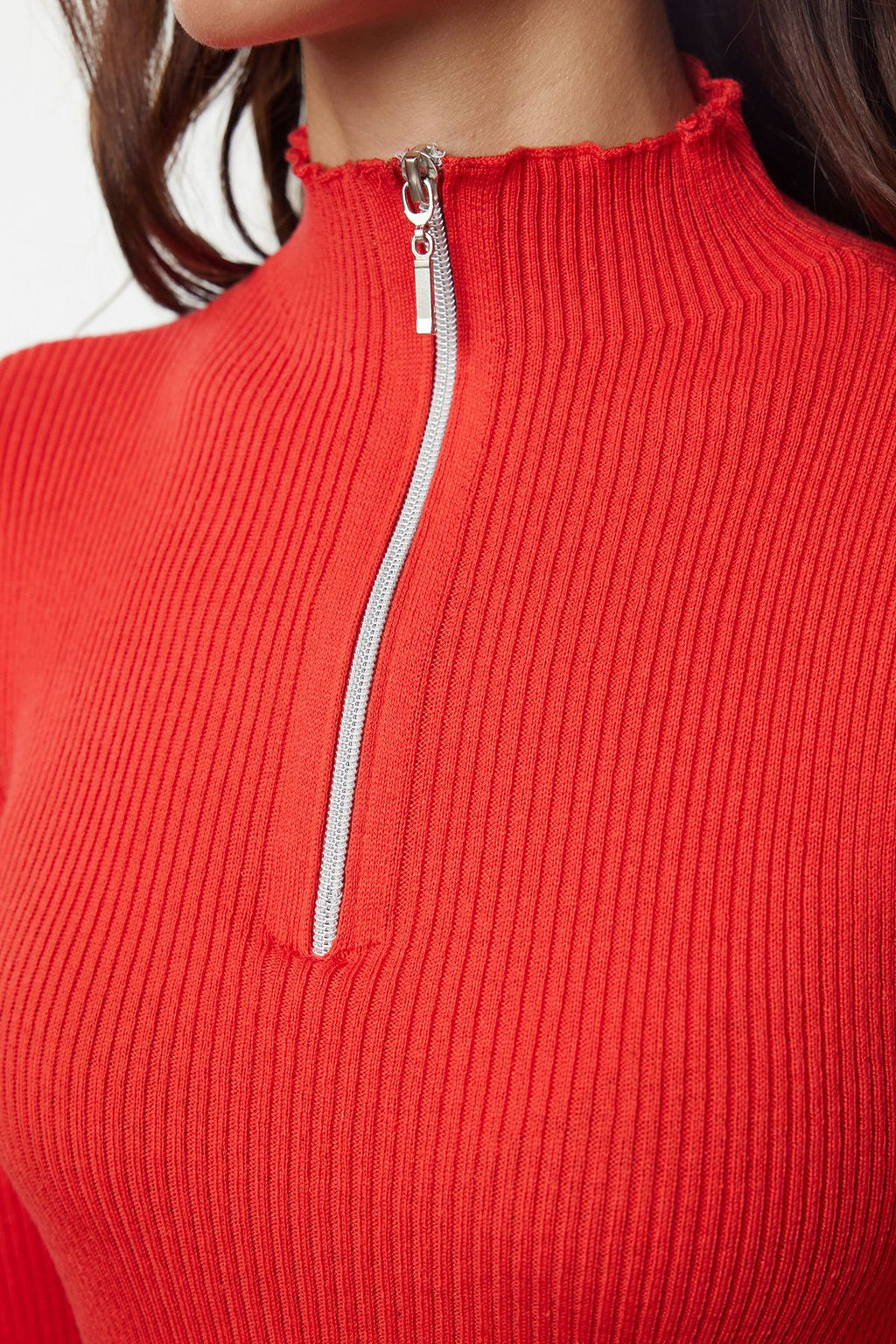K?rm?z? Pamuk Kar?s?ml? Fermuarl? Dik Yaka Ince Triko Kazak TWOAW25KZ00070 - Trendyolmilla фото 4