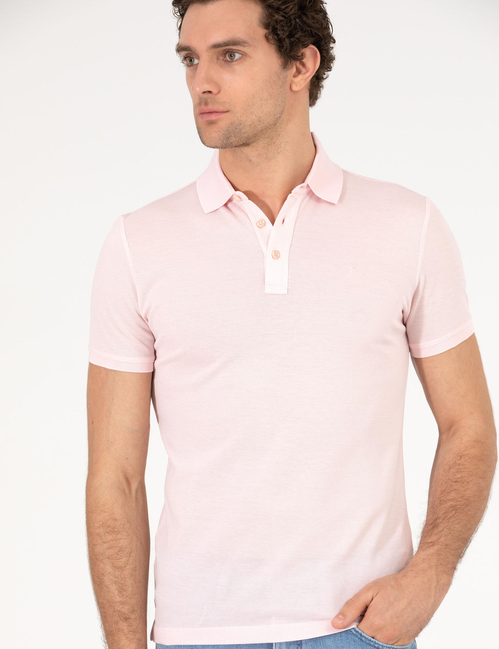 Pembe Polo Yaka Slim Fit Basic Merserize T-shirt