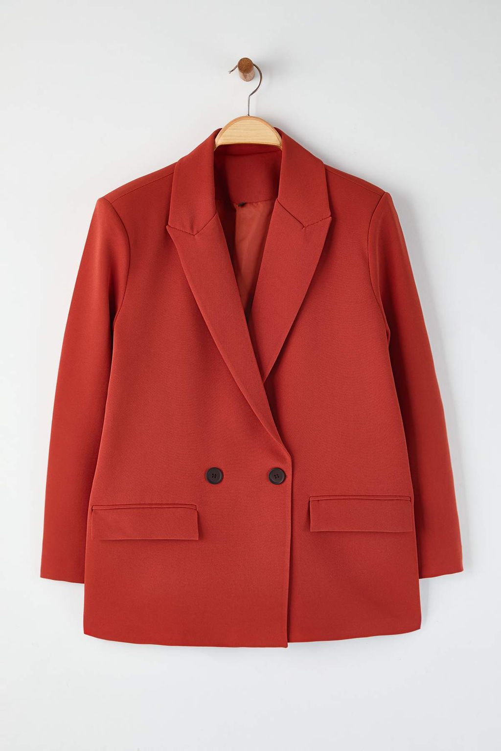 Bordo Kiremit Oversize Duz Kesim Basic Kruvaze Dokuma Blazer Ceket TWOSS24BC00028