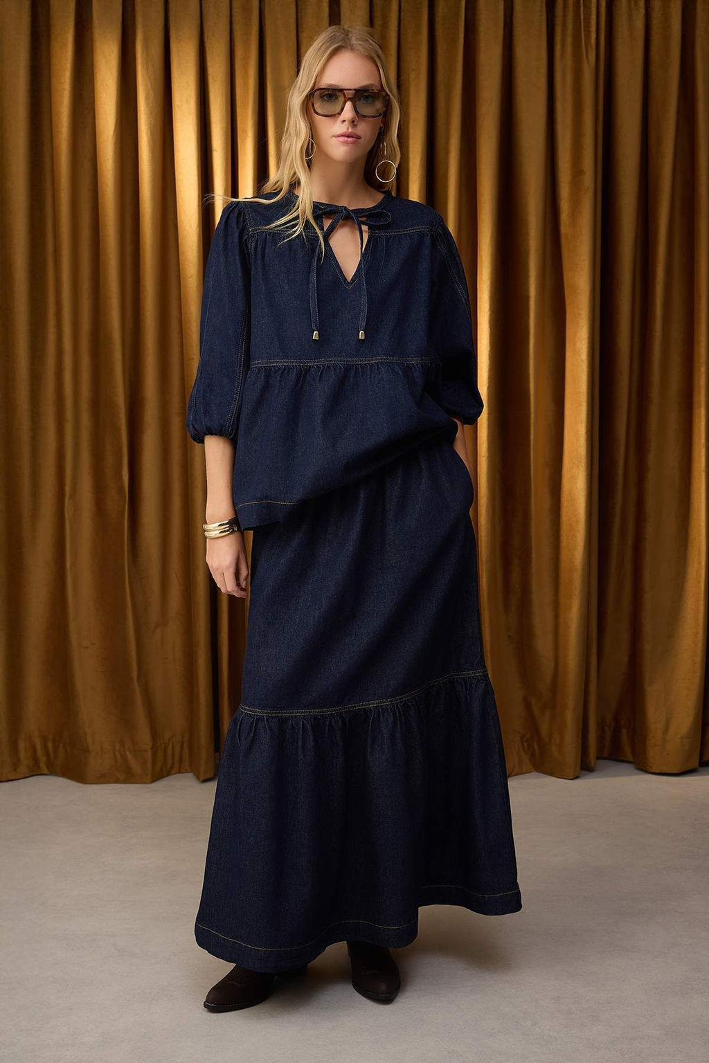 Koyu Mavi Volanl? Beli Lastikli Denim Etek TWOAW26ET00012